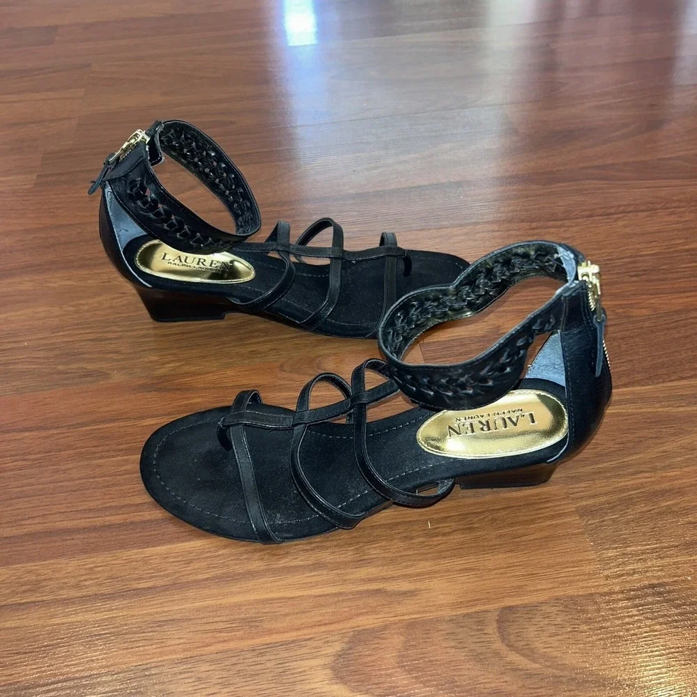 Lauren Ralph Lauren Meira Black Leather Strappy Wedge Sandals Braided Ankle 8.5B